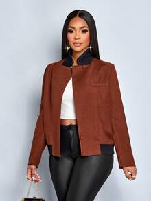 SOLERSUN Jaket Kantor Elegan Bergaris Cokelat untuk Wanita, Jaket Komuter Harian Musim Gugur, Kerah Tinggi Merah Bata, Kerah Kontras Bergaris Hitam, Kancing, Saku Palsu, dan Hem Berkerut - Rust Brown - View 6