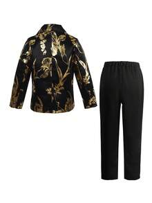 SHEIN 4-7 Years Old Gentleman 2 Pieces Set:Gold Foil Print Blazer Jacket&Straight Leg Pants Outfit For Wedding,Summer,Traditional Birthday Formal Event - Black - View 2