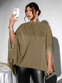 Firerie 中式立领斗篷式宽松蝙蝠袖衬衫，珍珠亮片装饰，优雅大码女式衬衫，适合情人节、音乐会、演出、约会、正式场合、通勤、返校、浪漫、办公室穿着、美人鱼风格、生日派对 - 卡其色 - 查看 5