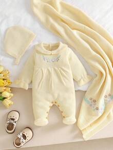 SHEIN 3pcs Newborn Baby Girl Outfit Set: Pink Embroidered Romper With Peter Pan Collar, Footie, Hat + Knit Blanket Baby Set Autumn Winter Season Vintage Winter Baby Clothes Baby Girl Clothes Spring Fall Baby Clothes Neutral Warm Baby Girl Clothes Baby Knitted Outfit Baby Set Autumn Winter Season Vintage Winter Baby Clothes Newborn Sweater Romper Neutral Baby Clothes Unisex Baby Set Autumn Winter Season Baby Girl Knitted Outfits Newborn Sweater Romper Winter Baby Girl Clothes Warm Baby Girl Clothes - Apricot - View 5