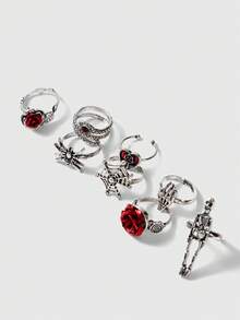 ROMWE Bộ 8 chiếc nhẫn Gothic Rose Skull Skeleton Vampire Spider Decor xếp chồng lên nhau dành cho phụ nữ ngày lễ tình nhân - Nhiều màu - Xem 2