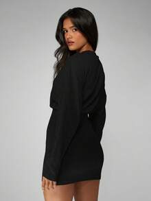 MISSGUIDED Long Sleeve Ribbed Knit Mini Dress With Crew Neck For Fall Winter Casual Everyday - Black - View 2