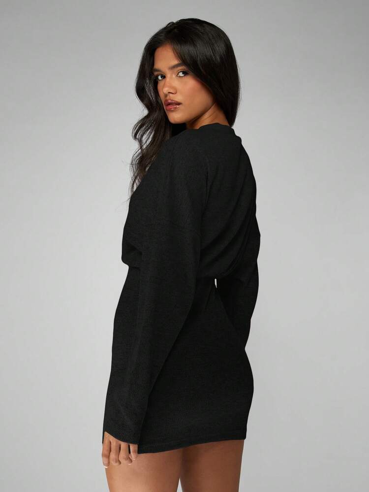 MISSGUIDED Long Sleeve Ribbed Knit Mini Dress With Crew Neck For Fall Winter Casual Everyday