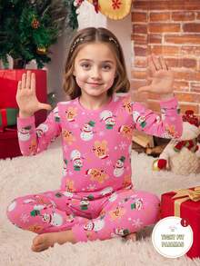 Girls Gingerbread Man & Snowman Cartoon Print Long Sleeve Snug Fit Pajama Set
