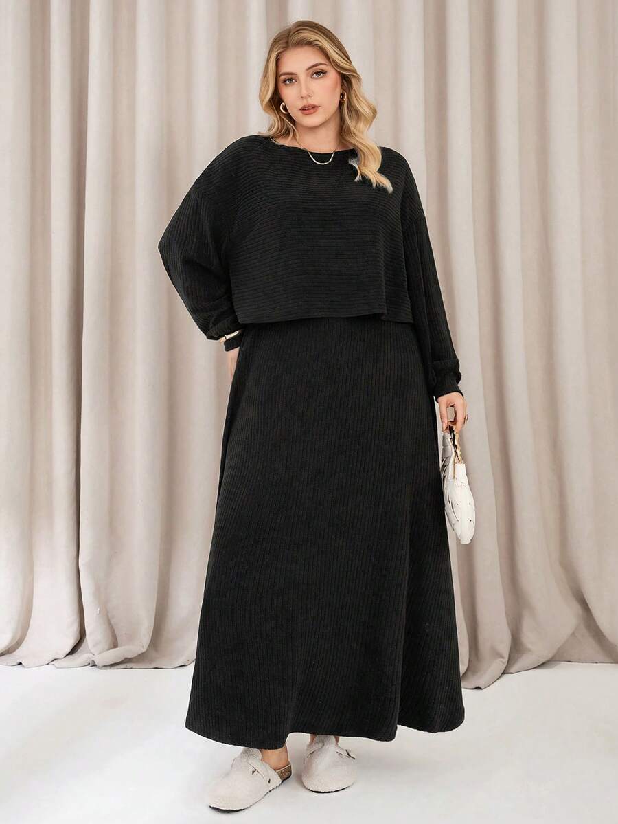 Auralis Plus Size Black Autumn Smart Casual Everyday Cloud Fleece Embroidered Ribbed Crew Neck Cropped T-Shirt & Long Ruffle Hem Skirt Two-Piece Set Modest