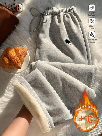 Comfortcana 女士休闲简约马匹图案抽绳腰宽松保暖运动裤，适合日常穿着和返校季