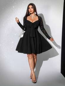 Viva Relle Große Größen Damen elegantes, sexy Spitzen-Patchwork Schnürdesign Langarmkleid, geeignet für den Herbst, elegante Kleider für Frauen, Valentinstag - Schwarz - Übersicht 4
