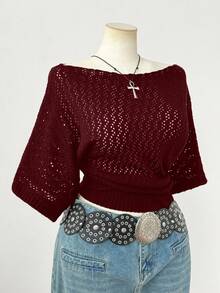 Sweetra Áo len tay ngắn phong cách Y2K thanh lịch thời trang cỡ lớn dành cho nữ, thích hợp mặc vào mùa xuân, mùa hè, mùa thu, thích hợp để đi làm - Đỏ - Xem 4