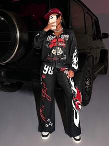 Slaydiva 新款秋冬女装返校套装，商务休闲街头风，复古学院风拉链外套，短款露脐上衣+直筒/阔腿裤套装，印花图案，黑色运动套装两件套 - 黑色 - 查看 5