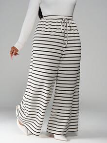 SHEIN PETITE CURVE Plus Size Women's Front Tie Striped Minimalist Casual Pants, Everyday Wear - Black and White - View 7
