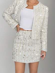 Siren Gaze Áo khoác cardigan vải tuýt sequin thời trang và thanh lịch dành cho nữ - Màu be - Xem 5