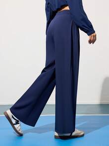 CourtClass Women's Loose Fit Yoga/Workout Pants Navy Blue Pants Wide Leg Trousers - Navy Blue - View 2