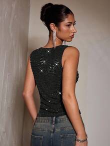 SHEIN BAE Autumn Solid Wine Red Rhinestone Crystal Sleeveless Tight Elegant Ladies' Tank Top, Suitable For Party, Nightclub, Cocktail Party, Banquet, Going Out At Night, Ball, Date, Autumn/Winter Layering - Black - View 2