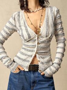 Bohemela 女士休闲蕾丝V领长袖毛衣，适合冬季、圣诞节、音乐节、新年等场合穿着 - 杏色 - 查看 2