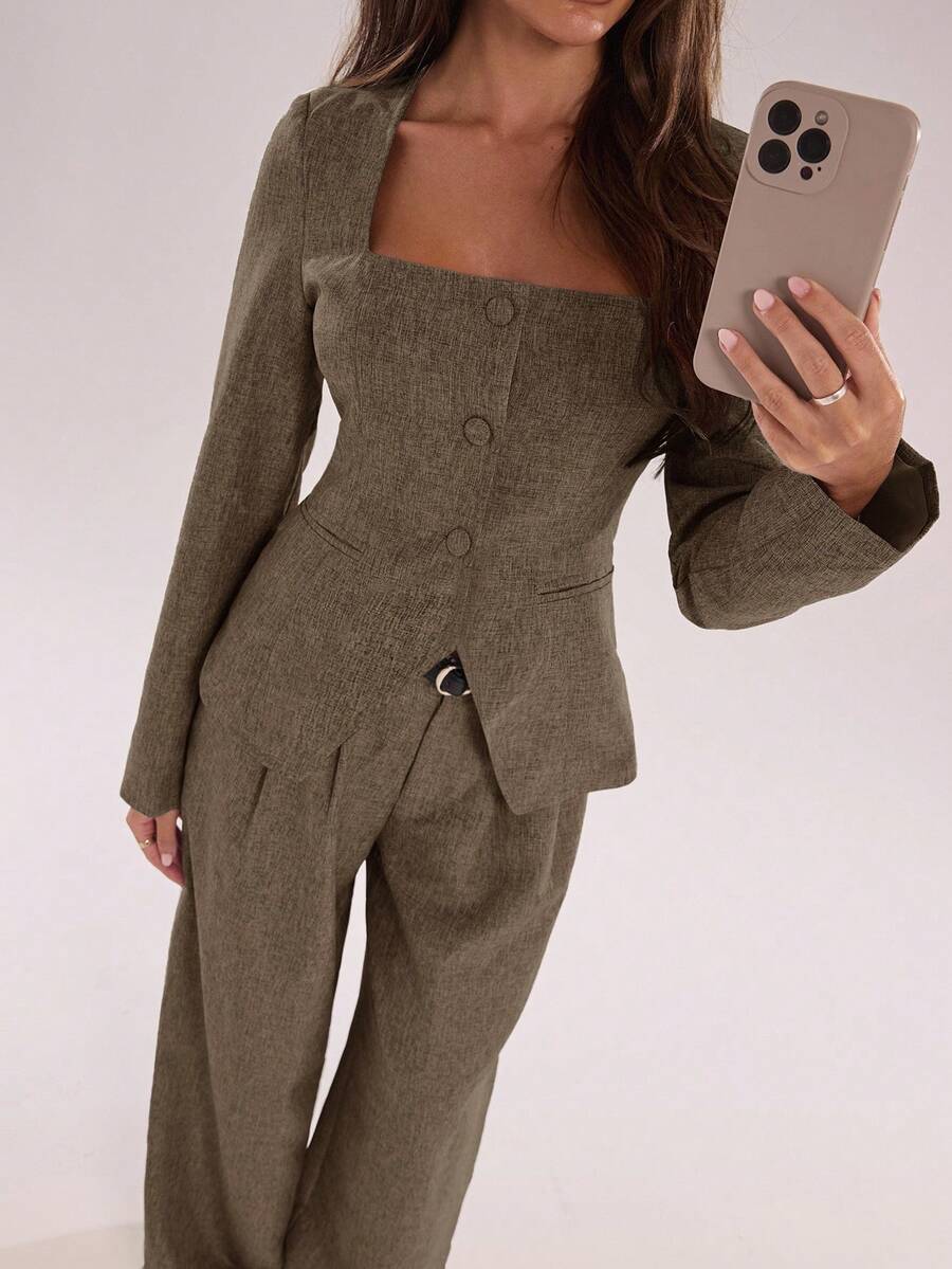 SHEIN BAE Distinctive Square Collar Design Office Blazer - Brown - View 1