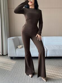 DAZY 2件套女士休闲商务优雅棕色圆领修身针织衫和长裤，秋冬季 - 咖啡棕 - 查看 6