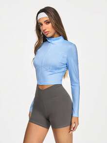 SHEIN Sports Women's Light Blue Full Zip Athletic Jacket,Summer Slim Fit Sports Top With Stand Collar,High Stretch Gym Yoga Running Activewear Athleisure Jacket - Blue - View 4