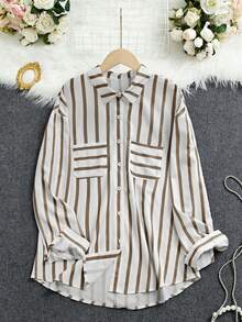 INAWLY 女士春秋宽松条纹长袖口袋休闲衬衫女式衬衫