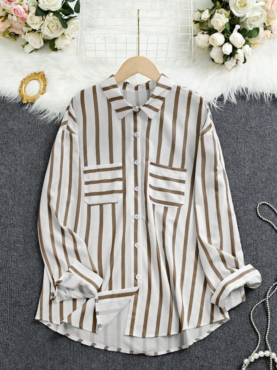 INAWLY 女士春秋宽松条纹长袖口袋休闲衬衫女式衬衫