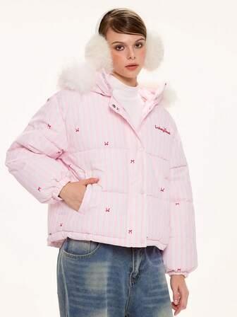 2025 Oversized Striped Hooded Padded Coat For Women, American Style, Warm & Versatile For Winter
