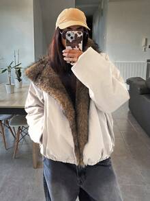 DAZY 女士拼接毛领宽松长袖连帽休闲街头风羽绒服，秋冬款 - 杏色 - 查看 3