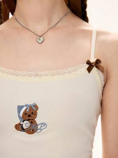 Kawaii 2 pièces/Set Short mini moulant avec nœud papillon en dentelle et imprimé ours mignon pour femmes