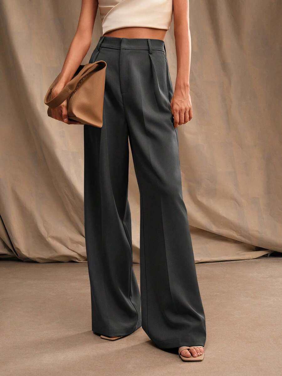 Anewsta Tall Elegant Stylish Pleated Design Deep Grey Women's Straight Leg Pants With Pockets, Suitable For Tall, Fall, Winter, Summer, Spring, New Year, Party, Wedding, Elegant, Chic, Stylish, Business Casual, Going Out - Dark Grey - View 1