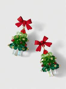 ROMWE Kawaii 一对可爱甜美红色蝴蝶结圣诞树形耳环适合女性任何场合 - 綠色 - 查看 2