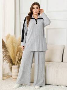 Lacomfia 2pcs Plus Size Women Fleece Patchwork Contrast Color Knitted Top And Pants Set, Autumn/Winter - Light Grey - View 3