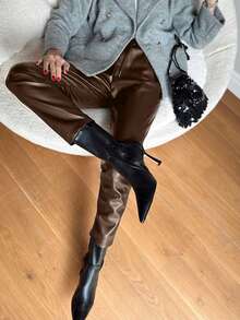 SHEIN Women's Solid Color Drawstring Waist Casual Pants - Chocolate Brown - View 6