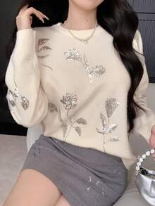 DAZY 女士宽松花卉亮片装饰圆领长袖休闲优雅针织毛衣，秋冬嘉年华 - 米色 - 查看 4