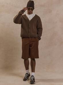 Musero Men Oversized Tailored Elasticated Linen Longline Shorts Co-Ord Bottom Only Summer Street Style Holiday Vacation Casual - Coffee Brown - View 1