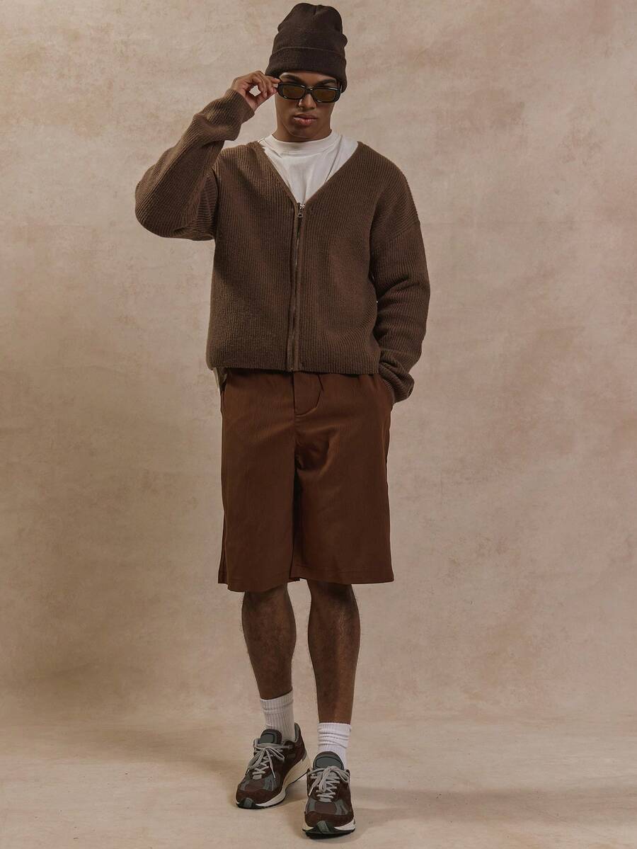 Musero Men Oversized Tailored Elasticated Linen Longline Shorts Co-Ord Bottom Only Summer Street Style Holiday Vacation Casual - Coffee Brown - View 1