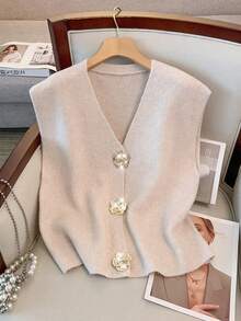 GlowEve CURVE 女士秋冬时尚休闲无袖宽松大码针织背心外套 - 杏色 - 查看 3