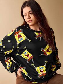 SpongeBob SquarePants | SHEIN Plus Size Cartoon Pattern Black Crew Neck Long Sleeve Pullover Sweatshirt Fall Top 90s - Black - View 5