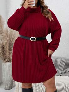 SHEIN CURVE+ 大码休闲简约高领罗纹拉绒红色毛衣裙，适合休闲装和圣诞节 - 酒紅色 - 查看 10