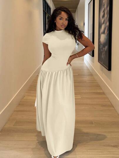 Alexandranx Simple Elegant Daily Wear Chic Solid Color Short Sleeve Slim Fit Stand Collar Asymmetrical A-Line Waist-Cinched Long Dress,Ladies Casual Pleated Sleeveless Stand Collar Slim Fit Long Khaki Batwing Sleeve Colorblock,Plain A Line Women Long Dresses,Spring/Summer,Casual Daily Wear,Summer Dresses For Women,Graduation,Teacher Outfits For Women,Teacher Dress