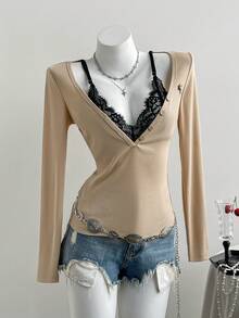 Elamini Chemise à manches longues pour femmes, col polo, patchwork en dentelle, broderie, demi-patte de boutonnage, coupe slim, couleur kaki, design minimaliste, élégant rétro. Convient pour le travail, les sorties, les rendez-vous, les tenues décontractées et quotidiennes, polyvalente.