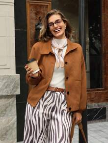 Hansera Women's Faux Suede Deer Fur Collar Long Sleeve Cardigan, Elegant Jacket, Suitable For Everyday Wear, Autumn/Winter Brown Outerwear Women Fall Clothing For Women,Brown Jacket, Brown Clothes,Winter - Brown - View 6