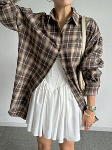 DAZY Women's Plaid Loose Turndown Collar Long Sleeve Shirt, Coffee Brown, Spring/Summer/Autumn