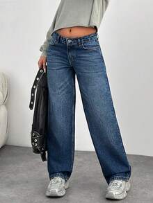 EURMUSE Blue Retro Fashion Low Waist Versatile Casual Straight Jeans - Medium Wash - View 7