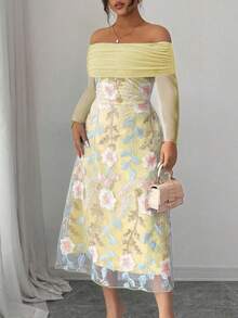 Modelyn Vestido plisado de manga larga con hombros descubiertos, parches de malla y bordados para mujer de talla grande - Amarillo - Ver 4