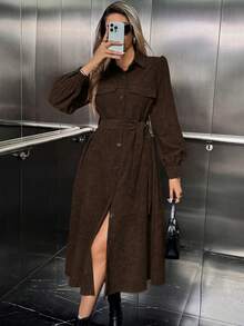 Almamuse Đầm tay đèn lồng cài nút phía trước màu trơn thường ngày cho nữ, mùa thu - Cà phê nâu - Xem 7