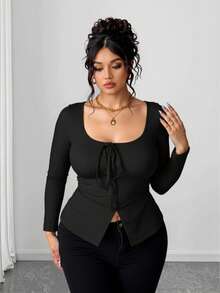 Elenzga 大码合身休闲前系带蝴蝶结纽扣T恤 - 黑色 - 查看 3