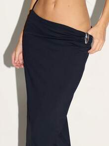 MUSERA Silver Trim Low Ruched Waist Slinky Maxi Skirt Autumn Fall  Going Out Casual Cute Sexy Night Out Cool Party Summer - Black - View 5