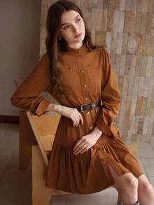MOTF PREMIUM SUEDETTE BUTTON FRONT RUFFLE HEM BELTED DRESS - Brown - View 8
