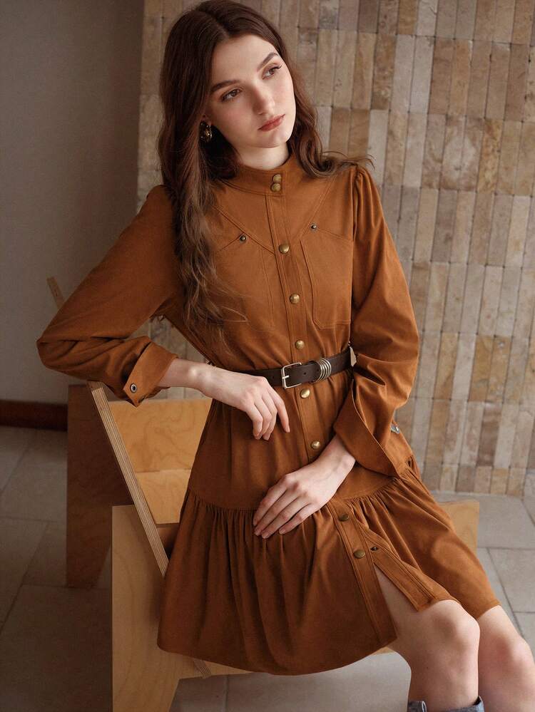 SUEDETTE BUTTON FRONT RUFFLE HEM BELTED DRESS