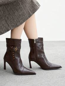 CUCCOO BIZCHIC Pointed-Toe Stiletto Boots | Bronze Buckle Strap Detail | Smooth Leather-Look | Leg-Lengthening Mid-Calf | 2 Pairs, Premium Synthetic - Brown - View 5