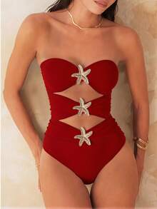 Swim Chiccia 2026春夏红色可拆卸肩带镂空腰部金色海星设计优雅连体泳衣（女款） - 紅色 - 查看 5