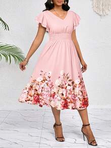 SHEIN Lady 女士优雅印花中长连衣裙，夏季 - 粉色 - 查看 6
